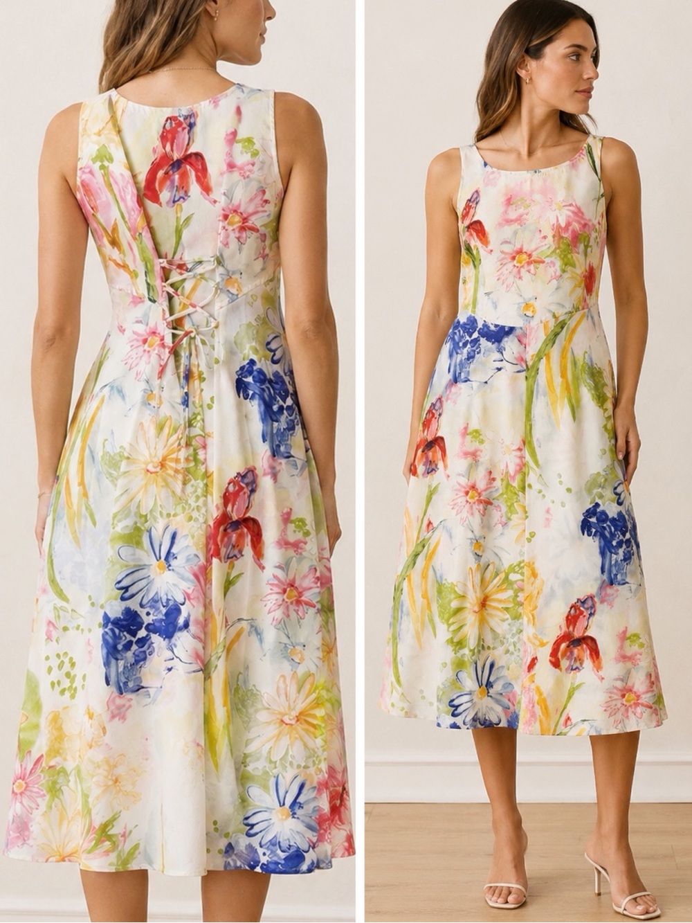 VTG Y2K 90s Woman Cream Floral Chiffon Tie Back Midi Dress MEDIUM Romantic Fairy